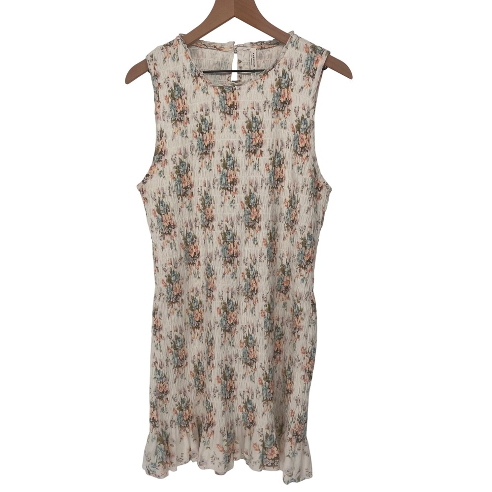 American Eagle Smocked Mini Dress Womens Large Floral Sleeveless Ruffle Hem Boho